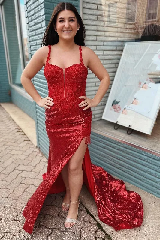 Red Sequin Appliques Sweetheart Mermaid Long Prom Dress with Slit