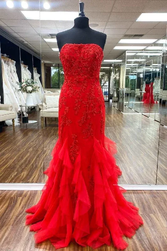 Red Tulle Strapless Appliques Mermaid Long Formal Dress