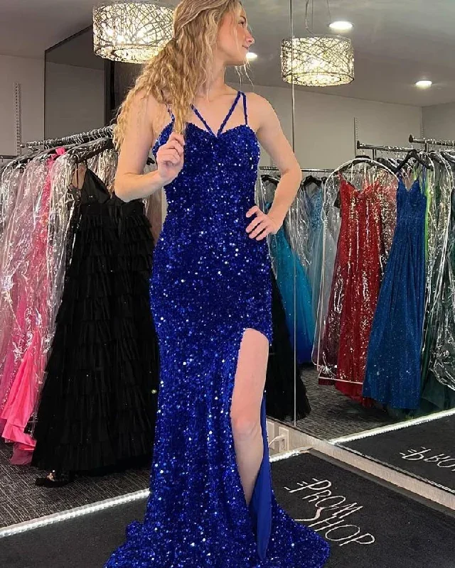 Royal Blue Halter Straps Sequins Mermaid Long Prom Dress with Slit