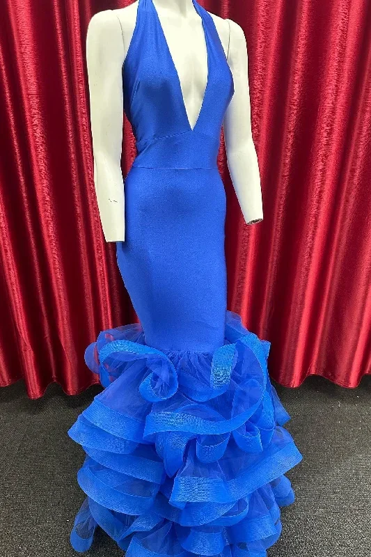 Royal Blue Halter Tiered Trumpet Long Formal Dress with Ruffles