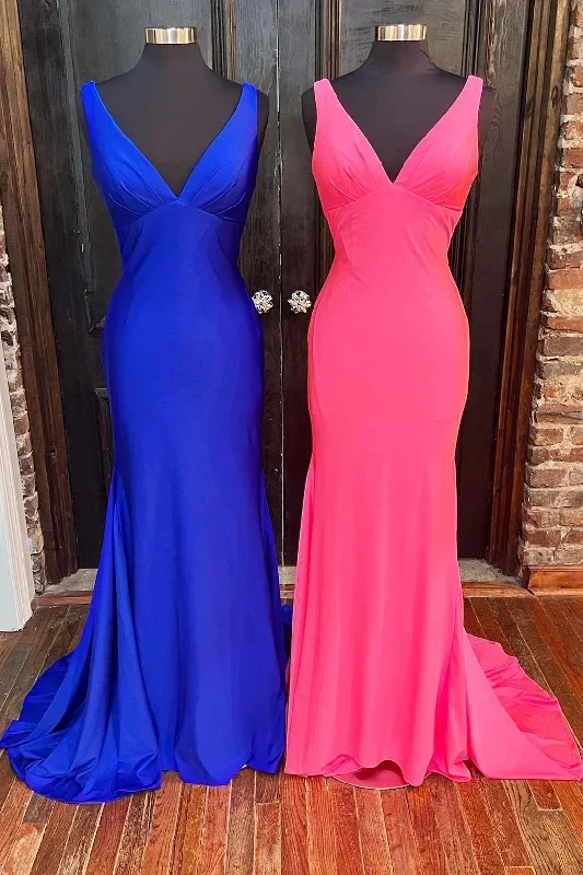 Royal Blue V-Neck Open Back Lace Mermaid Long Prom Dress