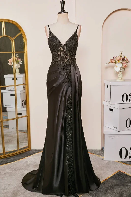 V-Neck Black Sheer Lace Corset Mermaid Prom Dress with Slit