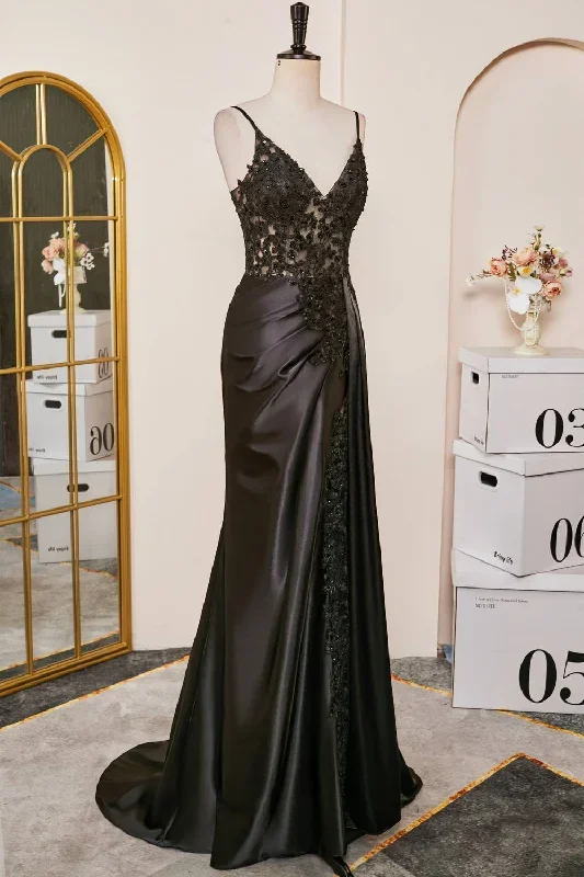 v-neck-black-sheer-lace-corset-mermaid-prom-dress-with-slit