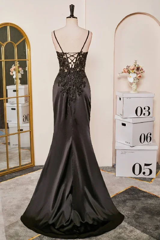 v-neck-black-sheer-lace-corset-mermaid-prom-dress-with-slit