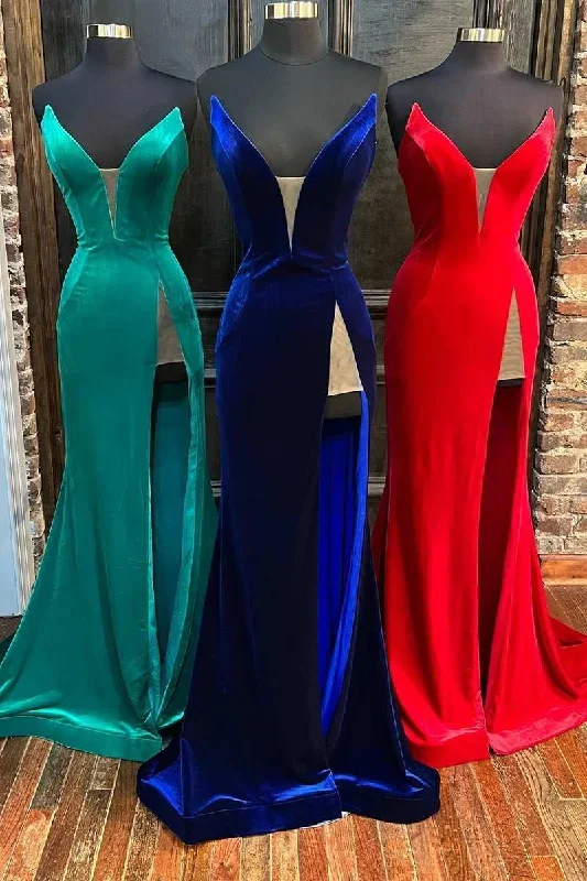 Velvet Strapless Mermaid Long Formal Dress with Slit