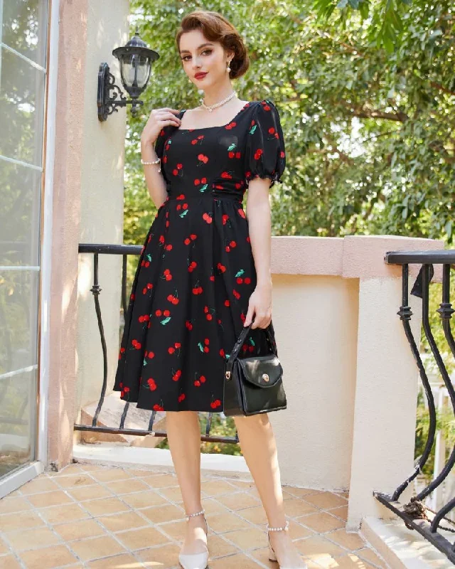 vintage-cottagecore-cocktail-dresses-square-neck-puff-sleeve-dress-with-pockets