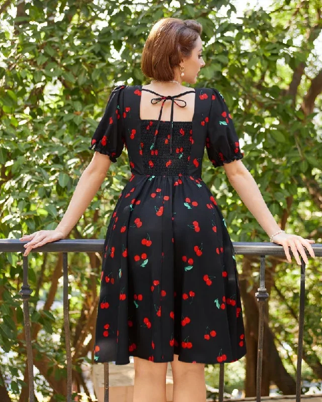 vintage-cottagecore-cocktail-dresses-square-neck-puff-sleeve-dress-with-pockets