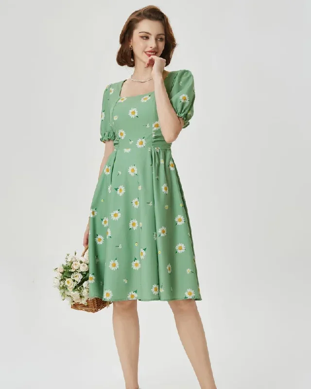 vintage-cottagecore-cocktail-dresses-square-neck-puff-sleeve-dress-with-pockets