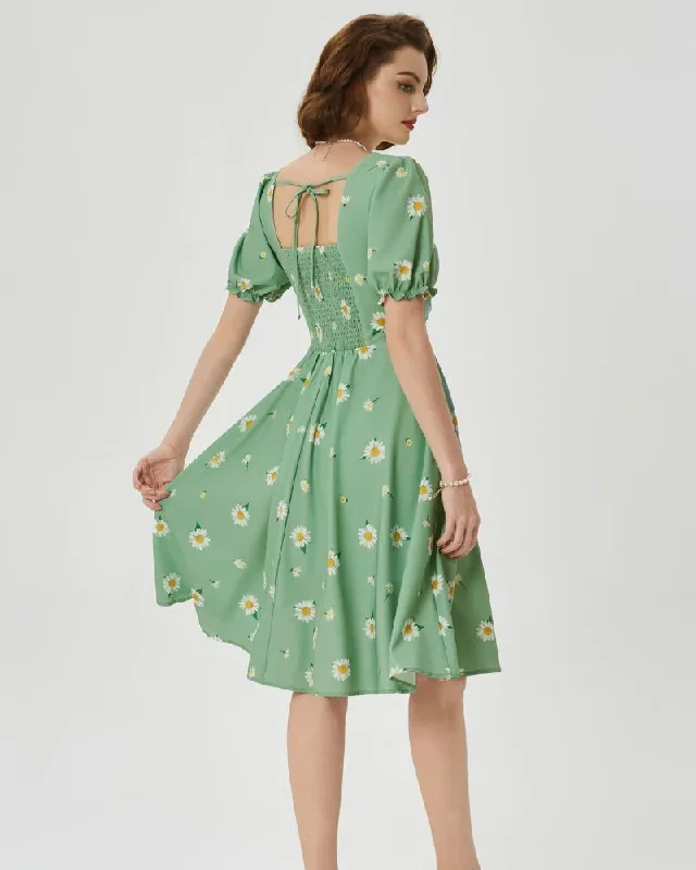 vintage-cottagecore-cocktail-dresses-square-neck-puff-sleeve-dress-with-pockets