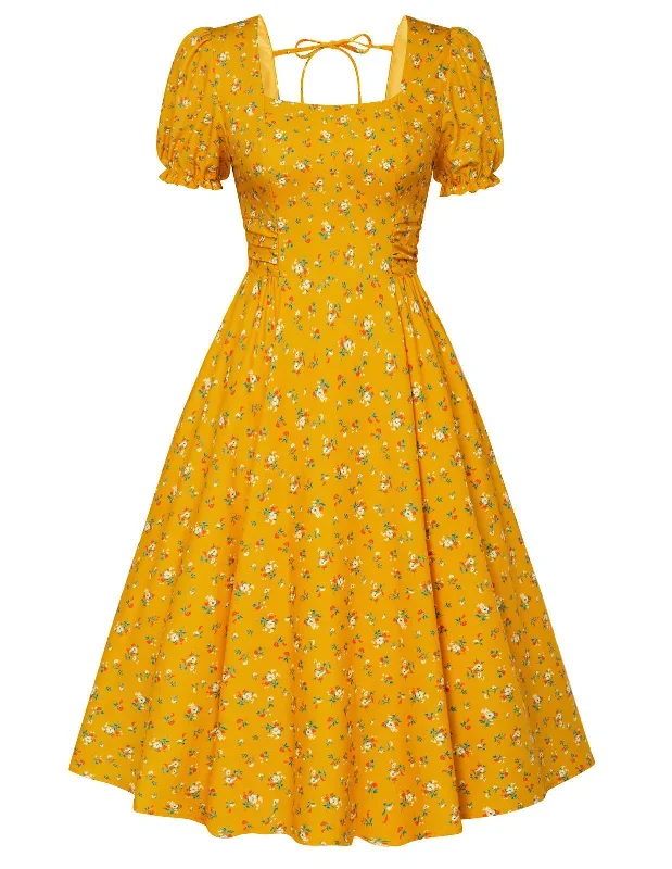 vintage-cottagecore-cocktail-dresses-square-neck-puff-sleeve-dress-with-pockets