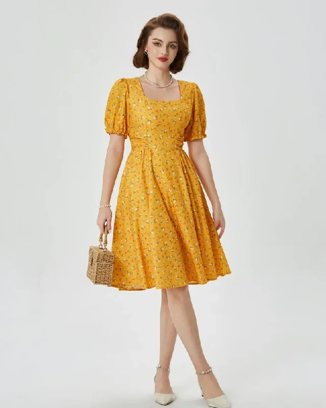 vintage-cottagecore-cocktail-dresses-square-neck-puff-sleeve-dress-with-pockets