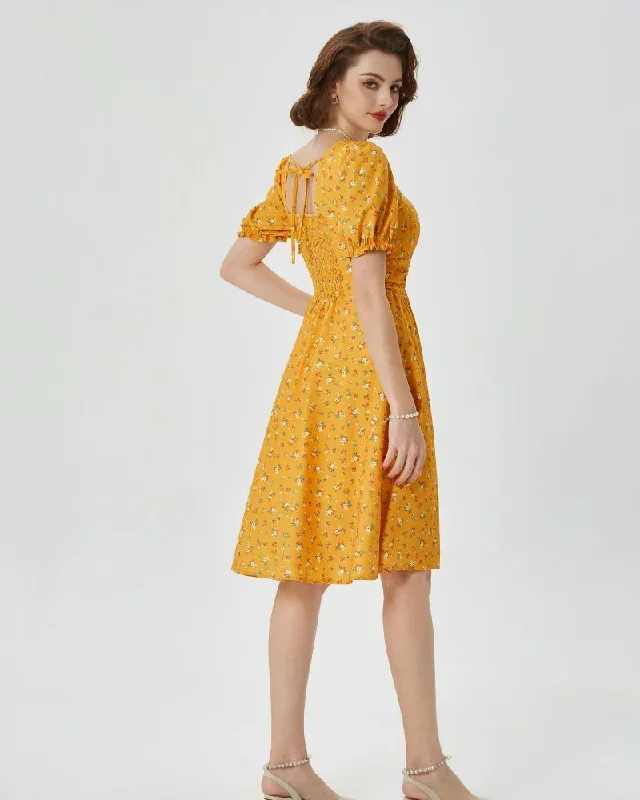 vintage-cottagecore-cocktail-dresses-square-neck-puff-sleeve-dress-with-pockets