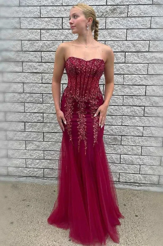 Wine Red Tulle Beaded Strapless Mermaid Long Formal Dress