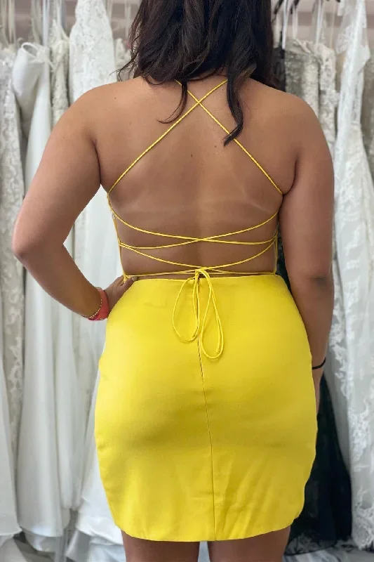 yellow-scoop-neck-lace-up-short-party-dress-with-slit