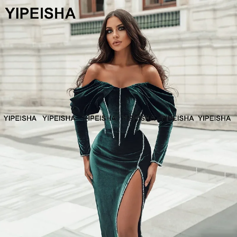 yipeisha-long-sleeves-velour-evening-dresses-saudi-arabia-green-velvet-mermaid-prom-gown-side-slit-crystals-pageant-party-dress