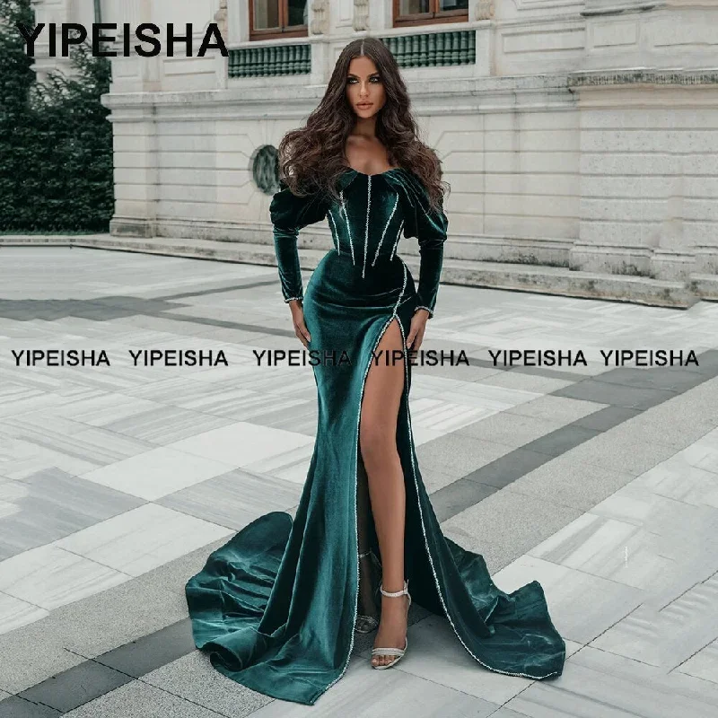 yipeisha-long-sleeves-velour-evening-dresses-saudi-arabia-green-velvet-mermaid-prom-gown-side-slit-crystals-pageant-party-dress